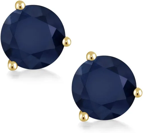 Vista 2 de Gem Stone King Aretes de tuerca de oro amarillo de 14 quilates con zafiro azul para mujer de 3 puntas con rosca trasera para mujer