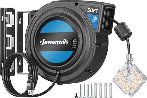 Vista 9 de DEWENWILS Carrete de cable de extensión retráctil de 50 pies con 6 tomas con conexión a tierra, cable de alimentación SJTOW resistente 14/3C