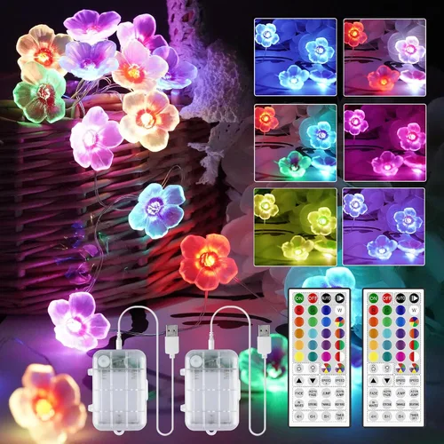Vista 8 de OMIKA Luces de Flores Multicolor Guirnalda de Luces de Flor de Cerezo, Funciona con Pilas y USB, Luces de Hadas LED de 13 pies con 40 LED