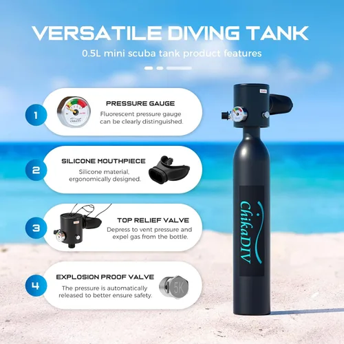 Vista 5 de Mini Scuba Tank,Portable Diving Tank,0.5l Lung Tank for Snorkeling Diving, Reusable Scuba Diving Kit Gear Underwater Breathing Training, Emergency