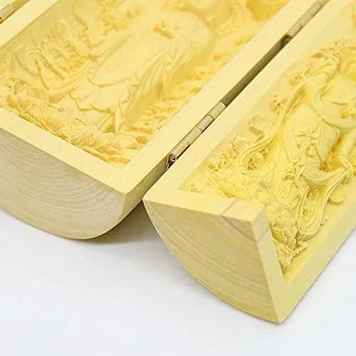 Vista 5 de Kwan Yin Buda Shakyamuni Estatua de madera de boj tallado escultura plegable caja santuario