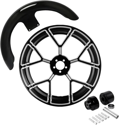 Vista 13 de TCMT Llanta de rueda delantera de 21", buje de rueda de brida de doble disco con guardabarros delantero negro sin pintar, compatible con modelos