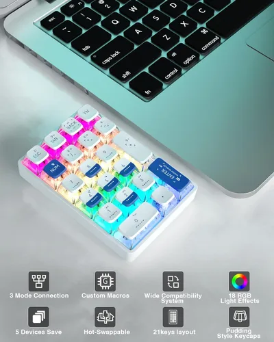 Vista 2 de El teclado numérico mecánico inalámbrico de tres modos K21 RGB soporta 3 Bluetooth2.4GHzTipo C con cable, intercambiable en caliente, 21 teclas