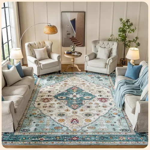 Vista 242 de Istana Alfombra larga antideslizante de 2.5 x 8 para el hogar, para pasillo y cocina, lavable, sedosa y suave al tacto, elegante, color azul y marfil
