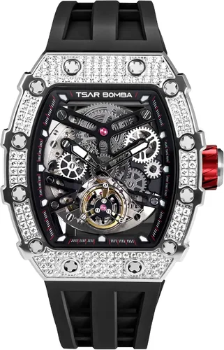 Vista 6 de Tonneau - Reloj automático para hombre, reloj de esqueleto de lujo para hombre, mecánico, resistente al agua, analógico, reloj de pulsera