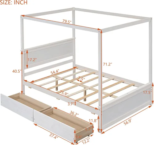 Vista 2 de Cama de plataforma de tamaño matrimonial, cama con dosel de madera con 2 cajones, cama de plataforma con dosel de tamaño matrimonial con listones
