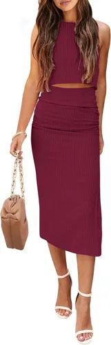Vista 22 de PRETTYGARDEN Conjunto de 2 piezas de verano para mujer, cuello redondo, sin mangas, con abertura, falda midi