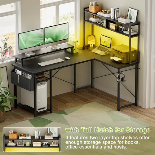 Vista 5 de Besiost Escritorio pequeño en forma de L para juegos con tomas de corriente, escritorio reversible en forma de L de 48" con LED para computadora