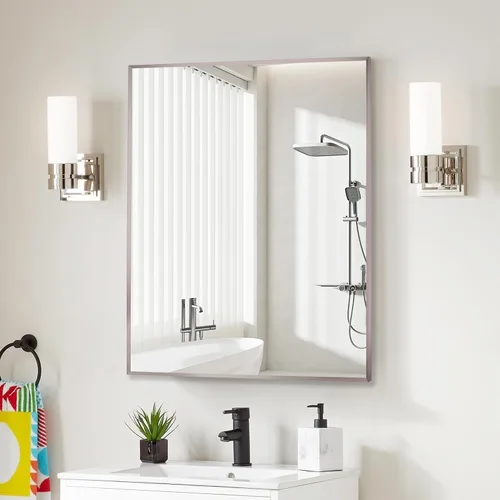 Vista 35 de 24x24 Inch Black Bathroom Mirror for Wall, Aluminum Frame Rectangle Rectangular Vanity Mirror, Modern Large for Bedroom, Living Room, Horizontal or
