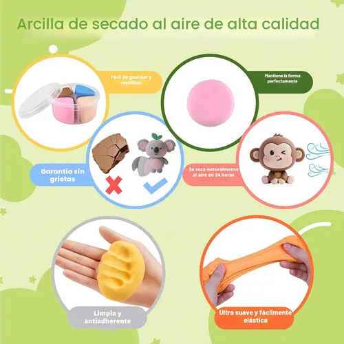 Vista 4 de Kit de arcilla seca al aire, 12 arcillas para modelar de animales para niños, arcilla Model Magic con herramientas de escultura y tutoriales, segura