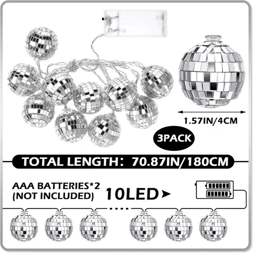 Vista 3 de Zhanmai Guirnalda de 30 luces LED de bola de discoteca para decoración de mini espejo iluminado, bolas de discoteca para 70 y 80 s, suministros