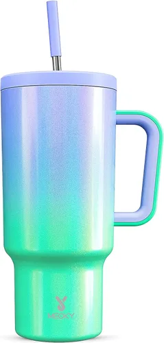 Vista 29 de Meoky - Vaso de 30 oz con asa, tapa y pajilla, taza de viaje térmica de acero inoxidable 100% a prueba de fugas, para portavasos, mantiene el frío