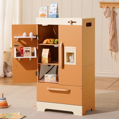 Vista 9 de ROBOTIME Refrigerador de madera para niños, refrigerador de cocina de juguete para niños pequeños, refrigerador de juguete con máquina de hielo
