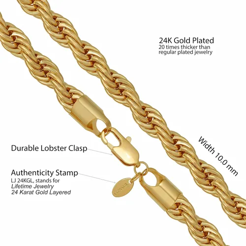 Vista 3 de LIFETIME JEWELRY Collar de cadena de cuerda de 0.394in, chapado en oro real de 24 quilates, para mujeres y hombres, Chapado en oro, No es una piedra