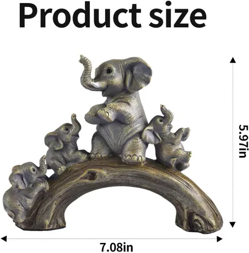Vista 4 de Estatuas de elefante amarillo de buena suerte elefante jugando en el puente de troncos Elephant Family Figurine with 3 Calves on Log Bridge