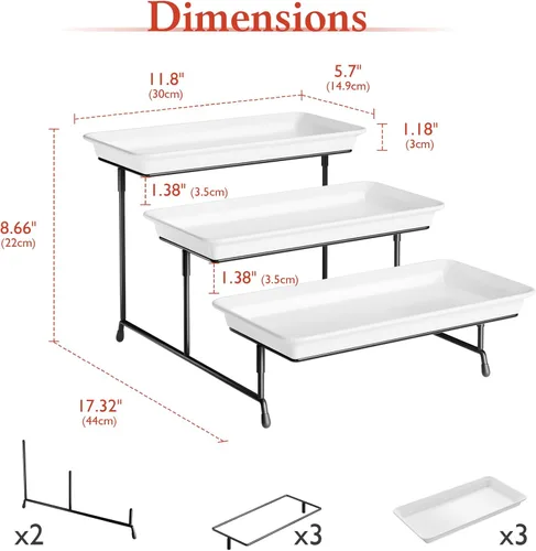 Vista 2 de Set de bandejas de servir de 3 niveles de melamina, bandejas de 29 x 14 pulgadas para servir alimentos, bandejas reutilizables blancas con soporte
