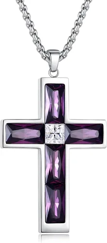 Vista 13 de Collar de cruz con piedra de nacimiento para hombre, collar de cruz de acero inoxidable 316L con colgante de cruz de circonia cúbica para mujer