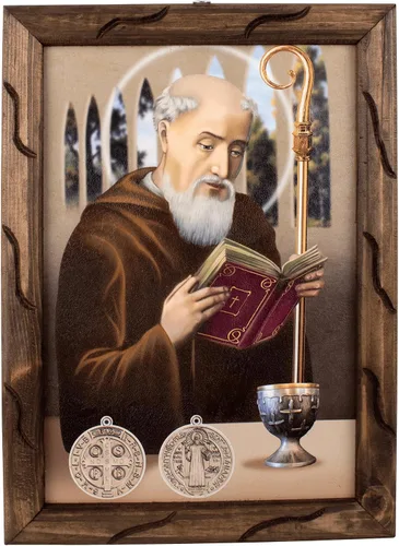 Vista 8 de Mrcjsales - San Benito en marco rústico, pintura al óleo, 24 x 36 pulgadas, 13 x 18 pulgadas, 10 x 12 pulgadas, imagen de arte religioso, San