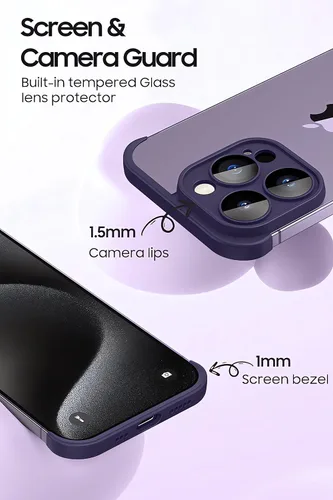 Vista 4 de LEKEVO Funda sin marco para iPhone 15 Pro Max con protector de lente de cámara, funda delgada de TPU suave a prueba de golpes, carcasa minimalista