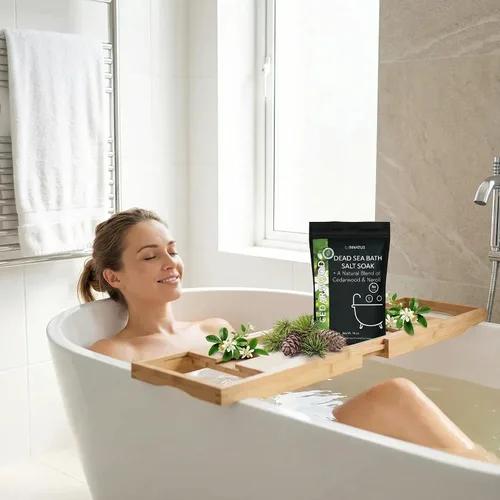 Vista 4 de Sal de baño calmante del Mar Muerto en remojo con 21 minerales, relajante, desintoxicante y nutritivo para la piel, 14 onzas, infundida con aceites