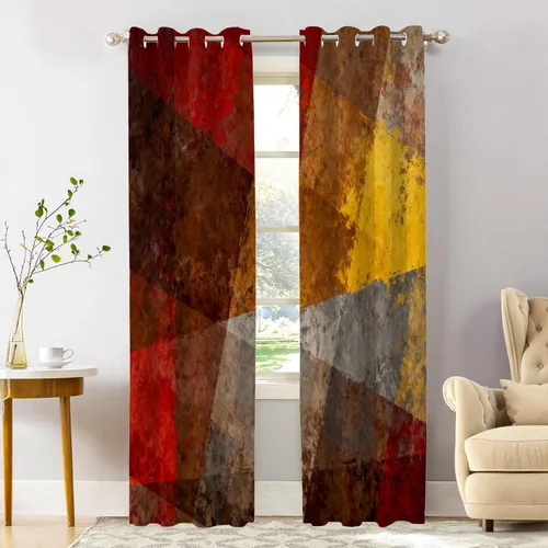 Vista 90 de Shrahala Beige and Orange Abstract Art Brushstrokes Blackout Curtain Tiers, Abstract Oil Paint Kitchen Valance Light Blocking Tier Drapes with Rod