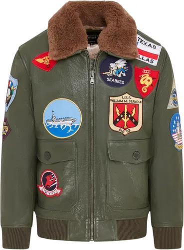 Vista 9 de Chaqueta bomber de piel de vuelo Air Force A2 para hombre con cuello de oveja y parches Negro