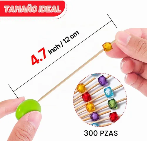 Vista 3 de PuTwo palillos de cóctel hechos a mano 300 unidades palillos de cóctel de bambú natural con cuentas cúbicas en los extremos, ecológicos, pinchos