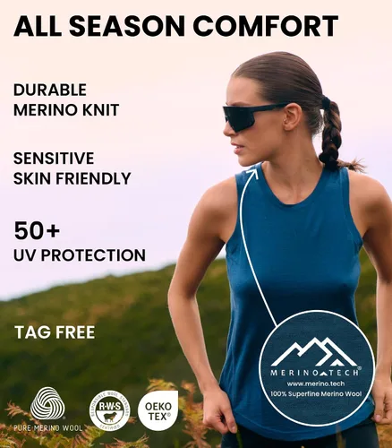 Vista 5 de 100% Merino Wool Tank Top Women - Active Sleeveless Undershirt Base Layer Denim Cuello Alto