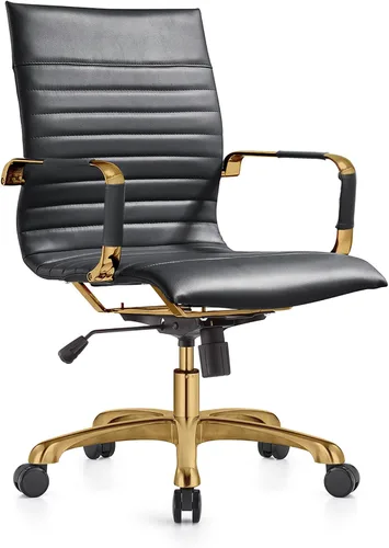 Vista 4 de LeisureMod Harris Silla de oficina con almohadilla suave, silla ejecutiva de piel sintética con base de acero dorado, altura ajustable, bloqueo