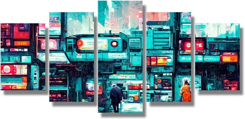 Vista 72 de Lienzo decorativo para pared, diseño de ciudad futurista Cyberpunk para sala de estar, impresión multipanel, obra de arte de cocina, pintura