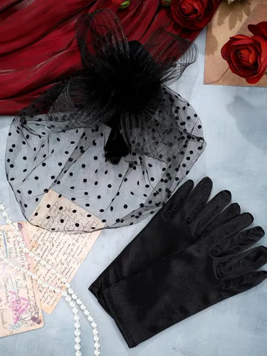 Vista 7 de SATINIOR Tocado de los años 50 para mujer, sombrero de velo fúnebre, sombrero de fiesta de té y guantes, pastillero, sombrero de cóctel