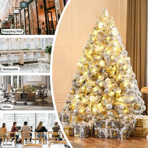 Vista 8 de Yaheetech Árbol de Navidad artificial de abeto preiluminado de 4.5 pies, flocado con nieve, con bisagras, con 100 luces LED multicolor y 340 puntas