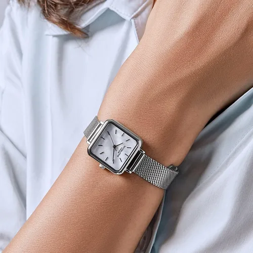 Vista 2 de VICTORIA HYDE Reloj cuadrado plateado para mujer, reloj de malla para mujer
