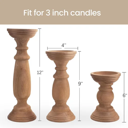 Vista 6 de Juego de 3 portavelas de pilar de madera rústica de 12, 9 y 6 pulgadas, soporte de velas de madera estilo granja para centros de mesa, candelabros