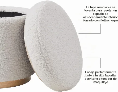 Vista 12 de Otomano Linon Home Décor con base de madera redonda y funda de sherpa color crema Lexington (AMZN2305)