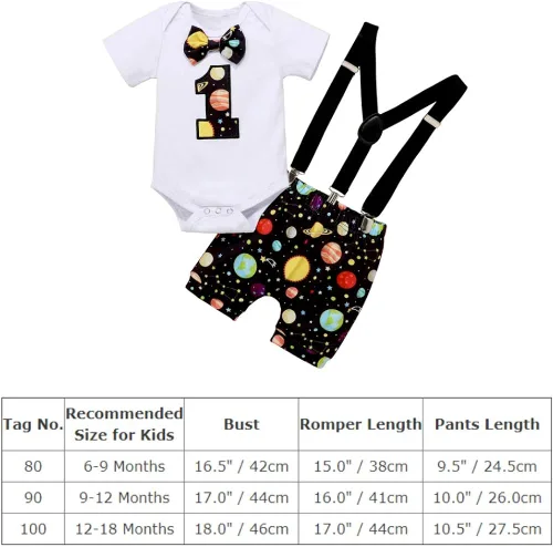 Vista 7 de IMEKIS Mameluco para bebé niño con diseño espacial para primer cumpleaños + pantalones cortos con tirantes, astronautas y accesorios para fotos