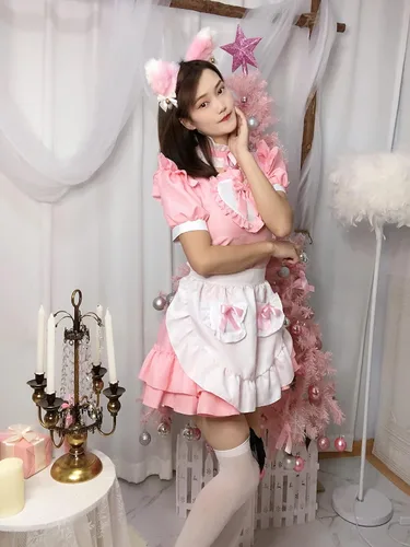 Vista 4 de Elibelle Disfraz de anime japonés clásico Sissy Maid Sweet Kawaii de corazón para cosplay, guantes peludos con orejas de gato