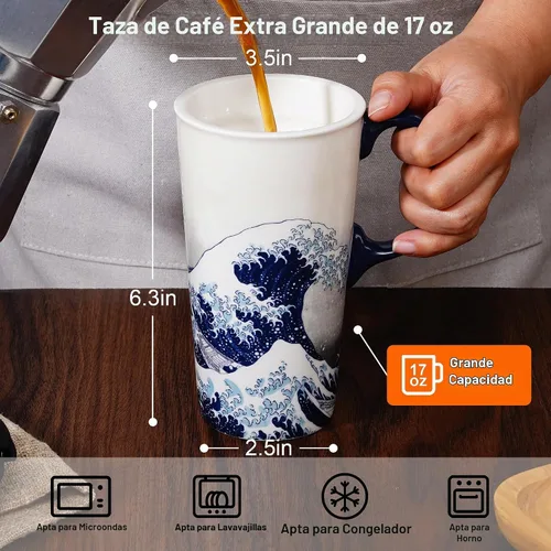 Vista 6 de DUSVALLY Taza de viaje de cerámica de 17 onzas con tapa y asa, taza de café 17oz