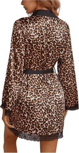 Vista 2 de WDIRARA Bata de noche con cinturón de manga larga con estampado de leopardo satinado para mujer