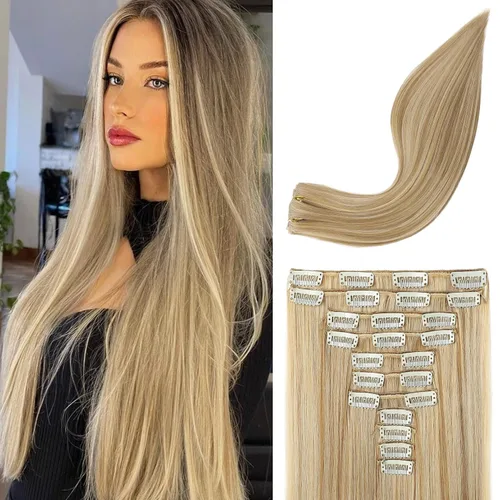 Vista 14 de REECHO Extensiones de cabello, 11 piezas de extensiones de cabello con clip de 24 pulgadas de largo, lacio, HE005, extensiones sintéticas naturales