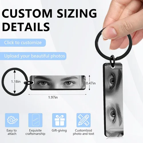Vista 4 de Llaveros personalizados con foto de ojo, llaveros personalizados para ojos, texto grabado, regalo personalizado de acero inoxidable de doble cara