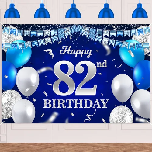 Vista 88 de Bandera de feliz primer cumpleaños con fondo azul marino, globos, confeti, bandera de rayas, luces de puntos, felicitaciones por el tema de 1 año