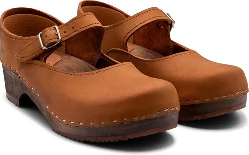 Vista 5 de Sandgrens Zuecos de madera sueca hechos a mano para mujer, sandalias de tacón bajo Mary Jane