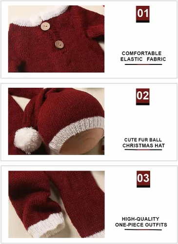 Vista 4 de Ylsteed Traje unisex de Navidad para recién nacido: conjunto de mameluco y sombrero de tela mohair, agradable al tacto, alta elasticidad, ligero