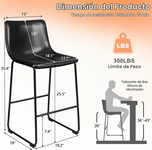 Vista 2 de PUKAMI Juego de 2 taburetes de bar de altura de mostrador, taburetes de bar con respaldo, taburetes de mostrador de piel sintética para isla de Negro
