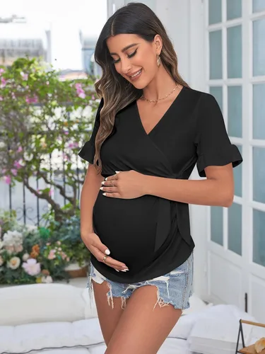 Vista 4 de SOLY HUX Women's Maternity Summer T Shirt Casual Ruffle Wrap V Neck Tie Front Pregnancy Tee Top