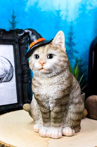 Vista 6 de Ebros - Figura de gato gris realista con sombrero de bruja para Halloween, 7.5 pulgadas de alto con ojos de cristal, brujas, Wicca, oculto, felino