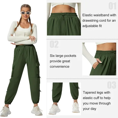 Vista 5 de Pantalones cargo de secado rápido, ligeros, tácticos, con 6 bolsillos, para mujer, cintura elástica y resistente al agua