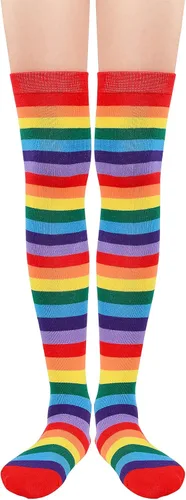 Vista 2 de Zando Calcetines de tubo delgado a rayas para mujer medias altas hasta el muslo calcetines casuales hasta la rodilla a rayas hasta el muslo
