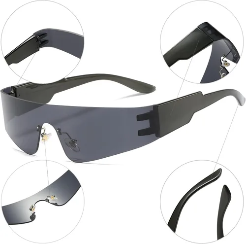 Vista 5 de Gafas de sol envolventes futuristas sin montura para mujeres y hombres, UV400 Cyberpunk con visera de moda